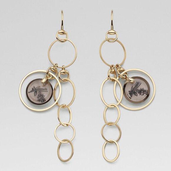 GUCCI EARRINGS FLORA CHARMS YELLOW GOLD & QUARTZ SIGNATURE LOGO